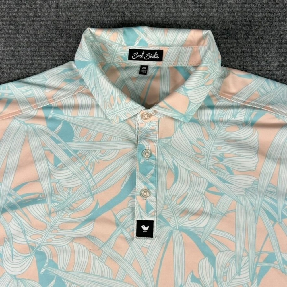 Bad Birdie Tropical Pastel Leaf Polo Shirt Mens 2XL Pink Blue‎ Stretch Golf Tee